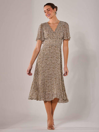 Chiffon Pleated Wrap Midaxi Dress, Black Cream