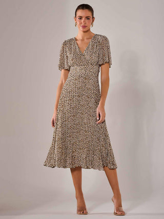 Chiffon Pleated Wrap Midaxi Dress, Black Cream