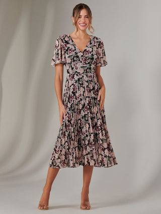 Chiffon Pleated Wrap Midaxi Dress, Black Floral
