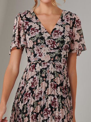 Chiffon Pleated Wrap Midaxi Dress, Black Floral