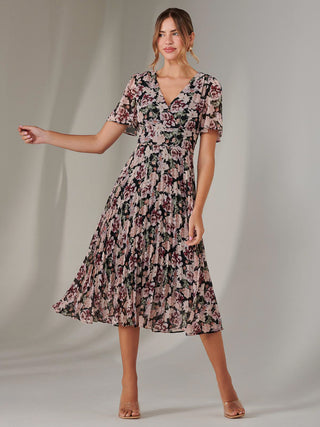 Chiffon Pleated Wrap Midaxi Dress, Black Floral