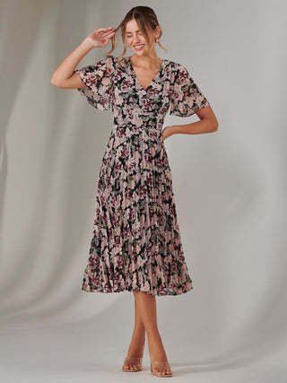 Chiffon Pleated Wrap Midaxi Dress, Black Floral