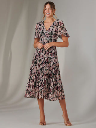Chiffon Pleated Wrap Midaxi Dress, Black Floral