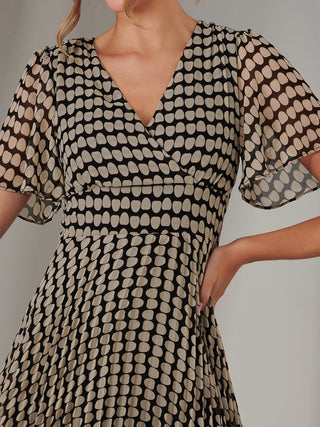 Chiffon Pleated Wrap Midaxi Dress, Cream Polka Dot