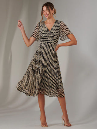 Chiffon Pleated Wrap Midaxi Dress, Cream Polka Dot