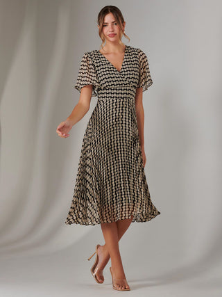 Chiffon Pleated Wrap Midaxi Dress, Cream Polka Dot