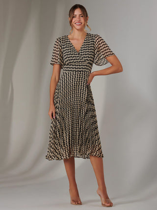 Chiffon Pleated Wrap Midaxi Dress, Cream Polka Dot