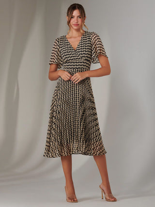 Chiffon Pleated Wrap Midaxi Dress, Cream Polka Dot