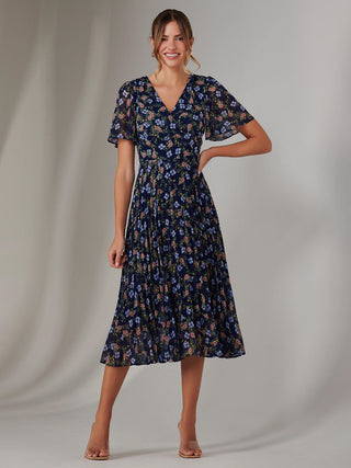 Chiffon Pleated Wrap Midaxi Dress, Navy Blue Multi