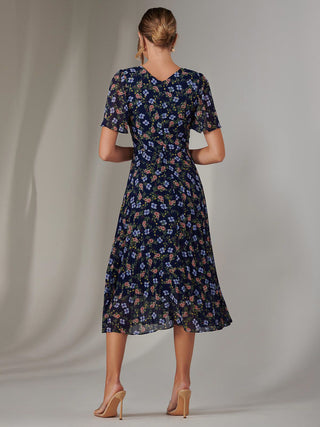 Chiffon Pleated Wrap Midaxi Dress, Navy Blue Multi