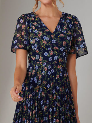 Chiffon Pleated Wrap Midaxi Dress, Navy Blue Multi
