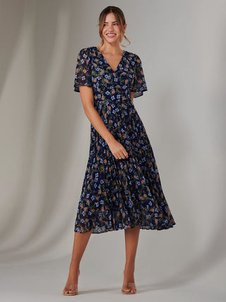 Chiffon Pleated Wrap Midaxi Dress, Navy Blue Multi