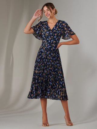 Chiffon Pleated Wrap Midaxi Dress, Navy Blue Multi