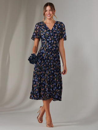 Chiffon Pleated Wrap Midaxi Dress, Navy Blue Multi