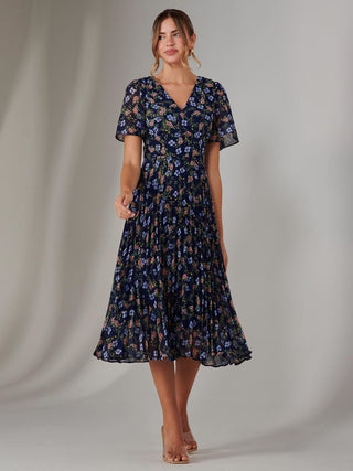 Chiffon Pleated Wrap Midaxi Dress, Navy Blue Multi