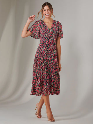 Chiffon Pleated Wrap Midaxi Dress, Pink Floral