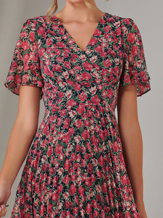 Chiffon Pleated Wrap Midaxi Dress, Pink Floral