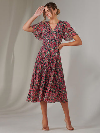 Chiffon Pleated Wrap Midaxi Dress, Pink Floral