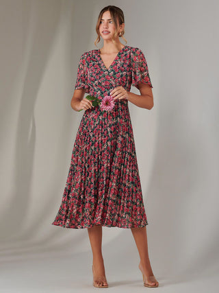 Chiffon Pleated Wrap Midaxi Dress, Pink Floral