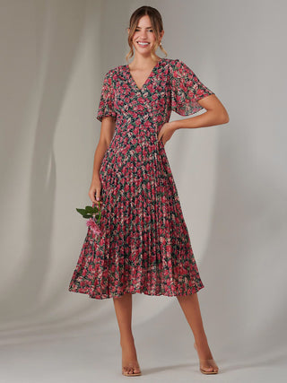 Chiffon Pleated Wrap Midaxi Dress, Pink Floral
