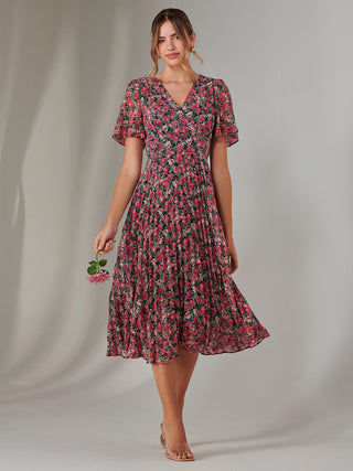 Chiffon Pleated Wrap Midaxi Dress, Pink Floral