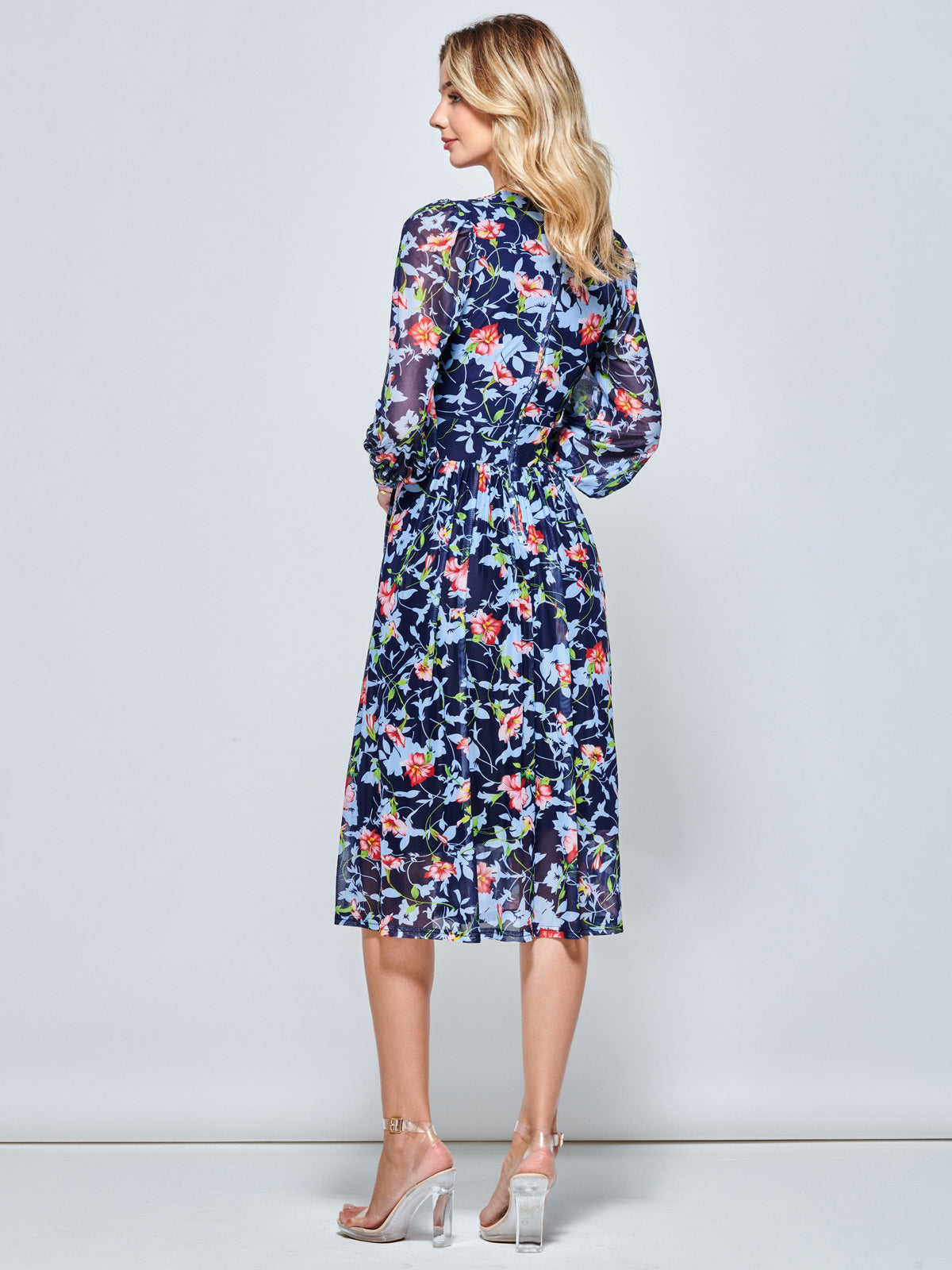 Floral Long Sleeve Mesh Midi Dress, Navy Floral