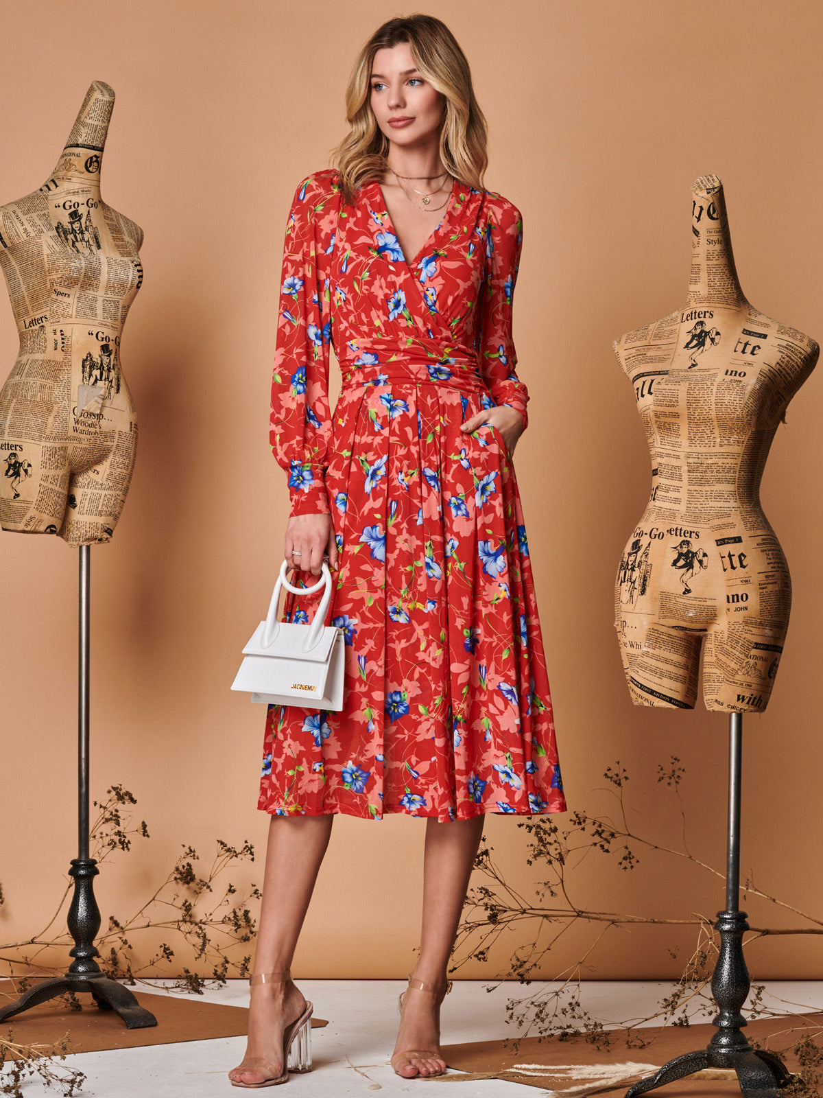 Floral Long Sleeve Mesh Midi Dress, Red Floral