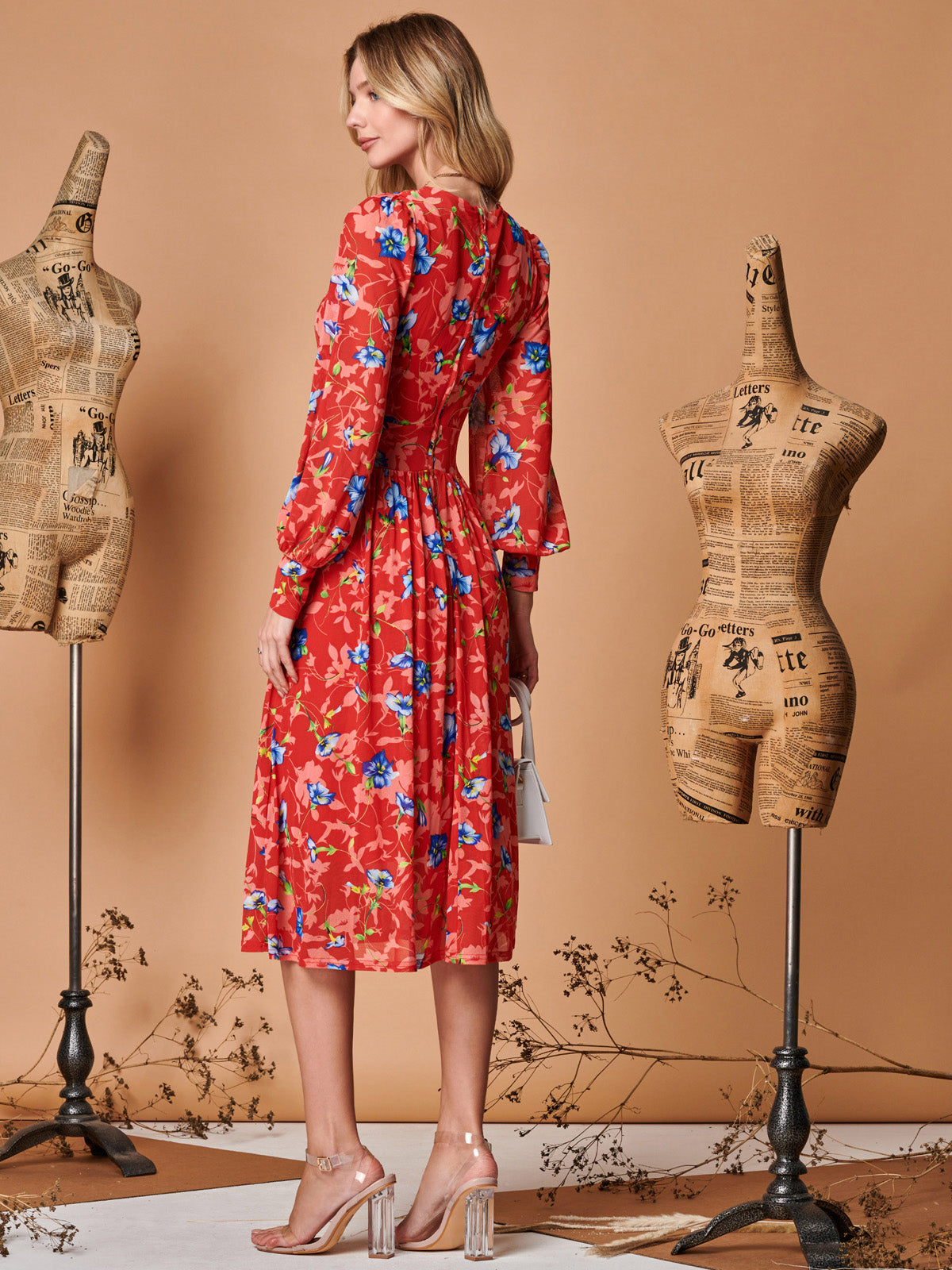 Floral Long Sleeve Mesh Midi Dress, Red Floral