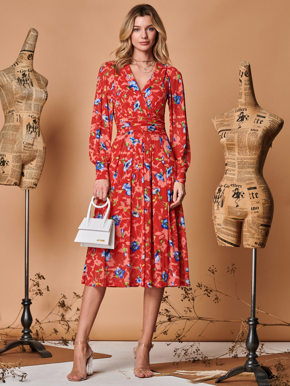 Floral Long Sleeve Mesh Midi Dress, Red Floral