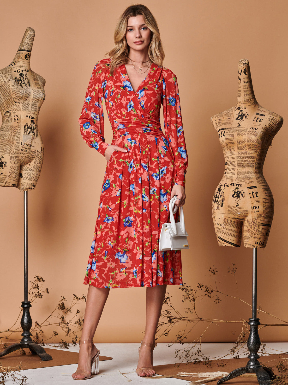 Floral Long Sleeve Mesh Midi Dress, Red Floral