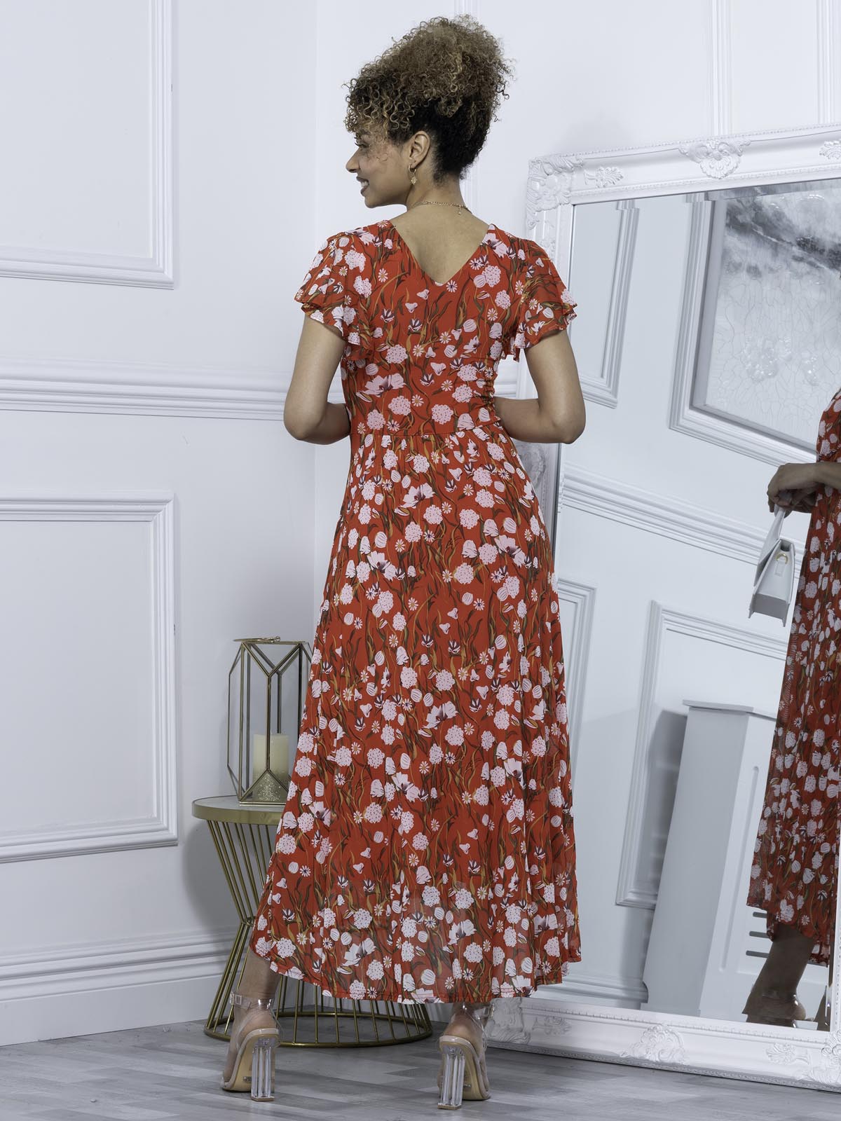 Jolie Moi Eleanor Wrap Mesh Maxi Dress, Red Floral