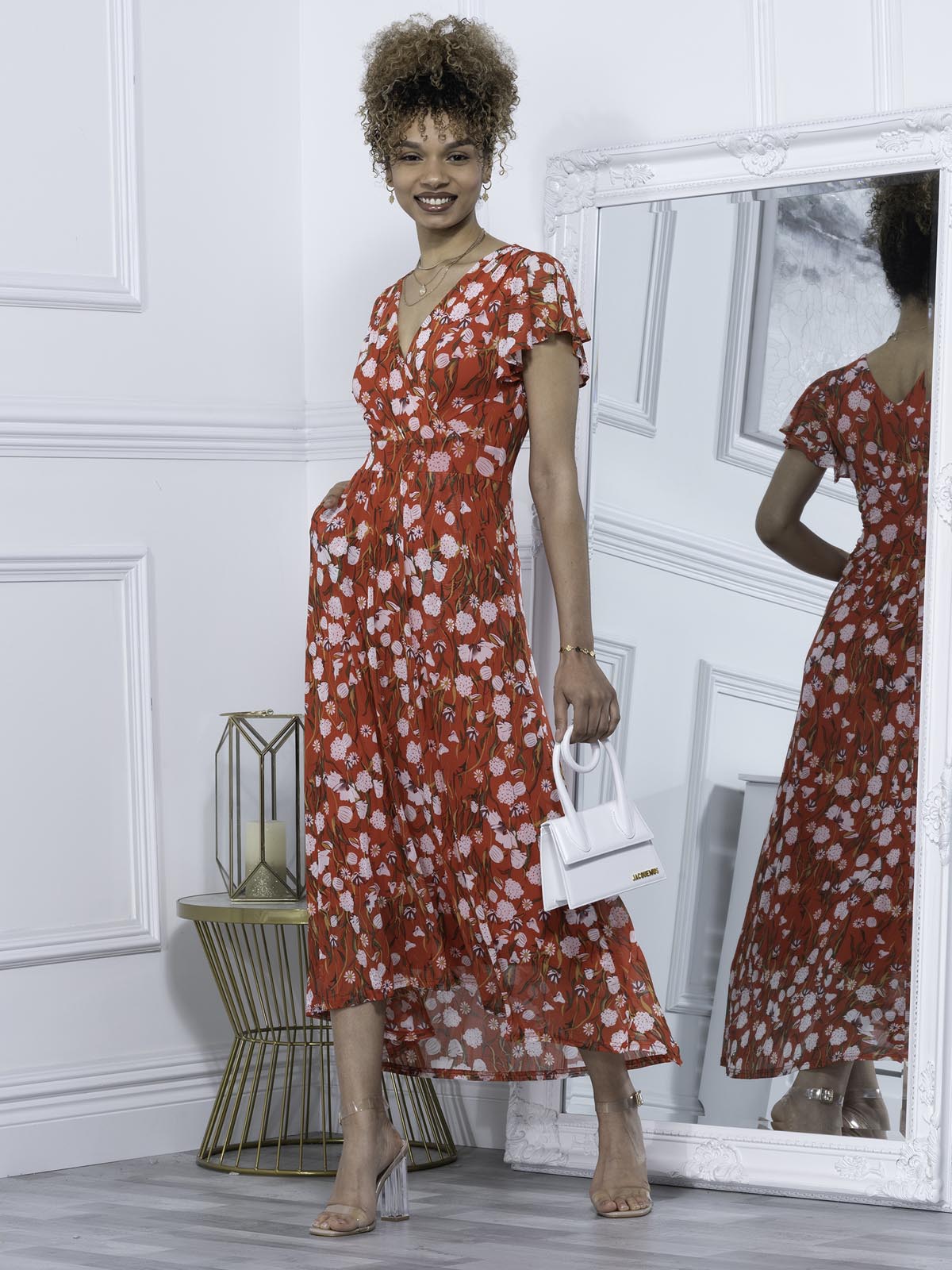 Jolie Moi Eleanor Wrap Mesh Maxi Dress, Red Floral
