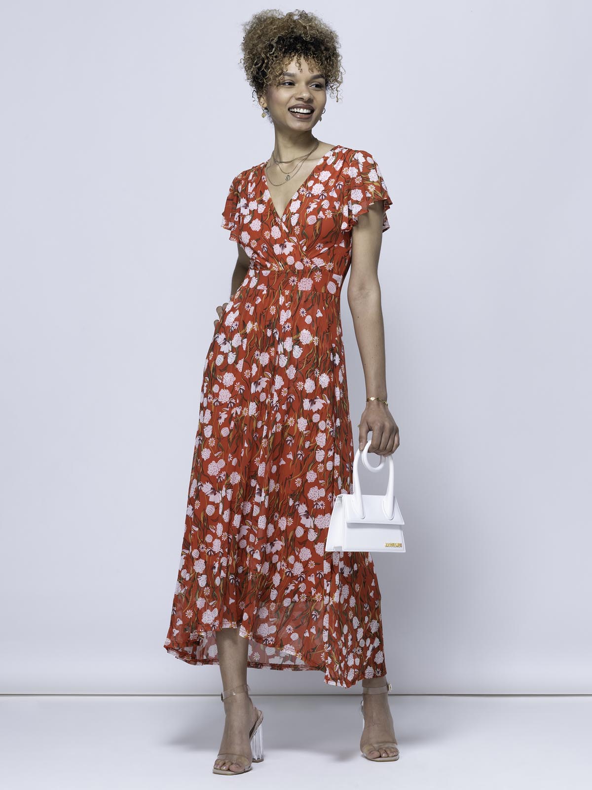 Jolie Moi Eleanor Wrap Mesh Maxi Dress, Red Floral
