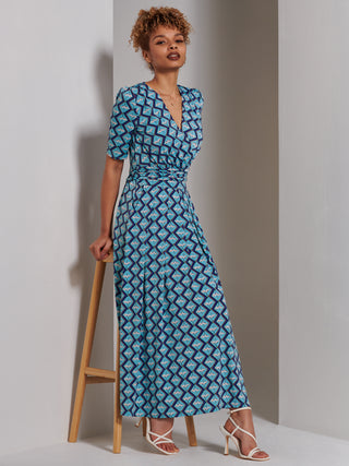 Bree Half Sleeve Jersey Maxi Dress, Green Geo