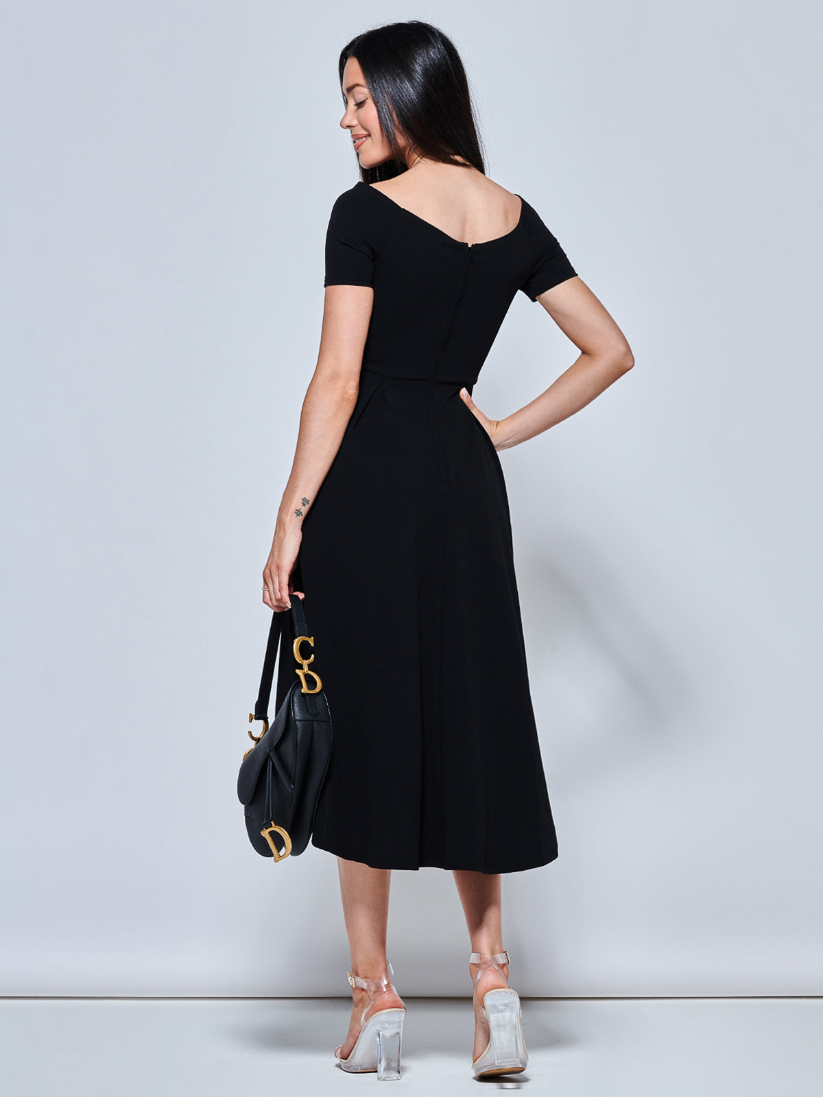 Off The Shoulder Dip Hem Dress, Black