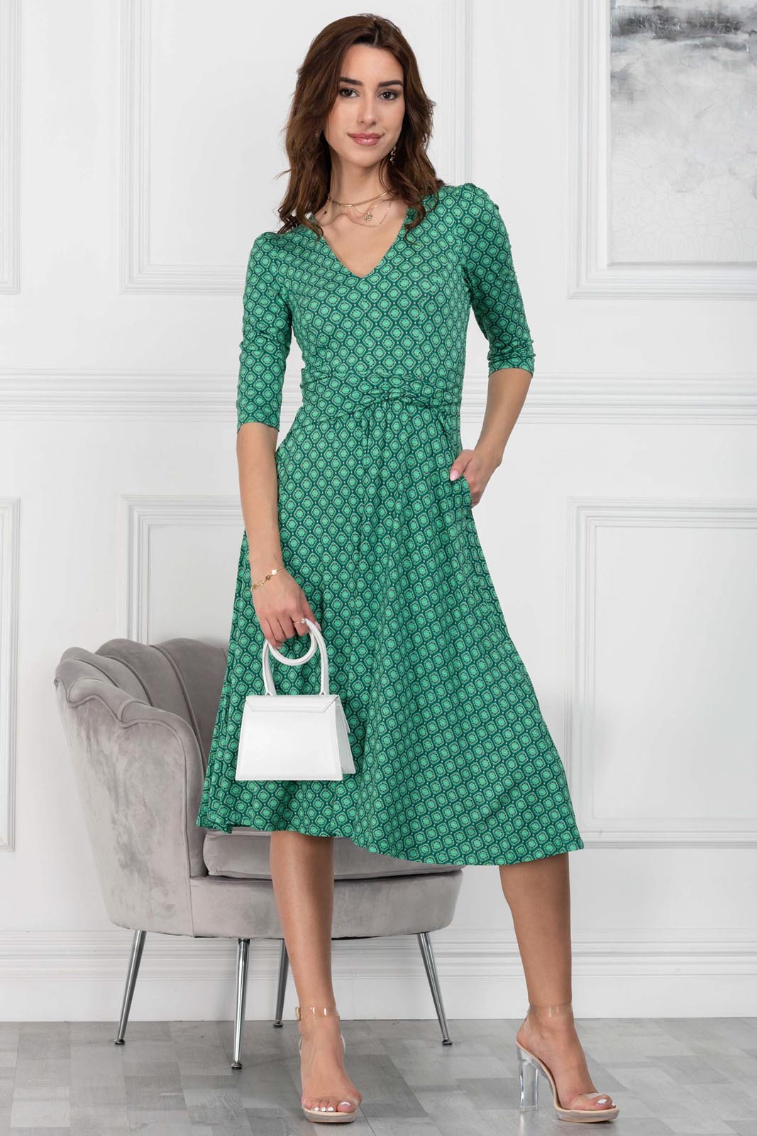 Delylah V Neck Midi Dress, Green Geo