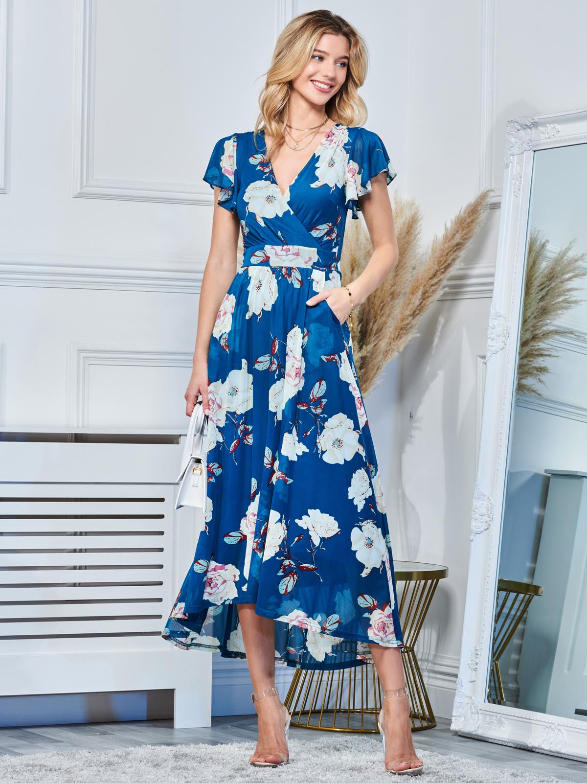 Dipped Hem Mesh Maxi Dress, Teal Floral