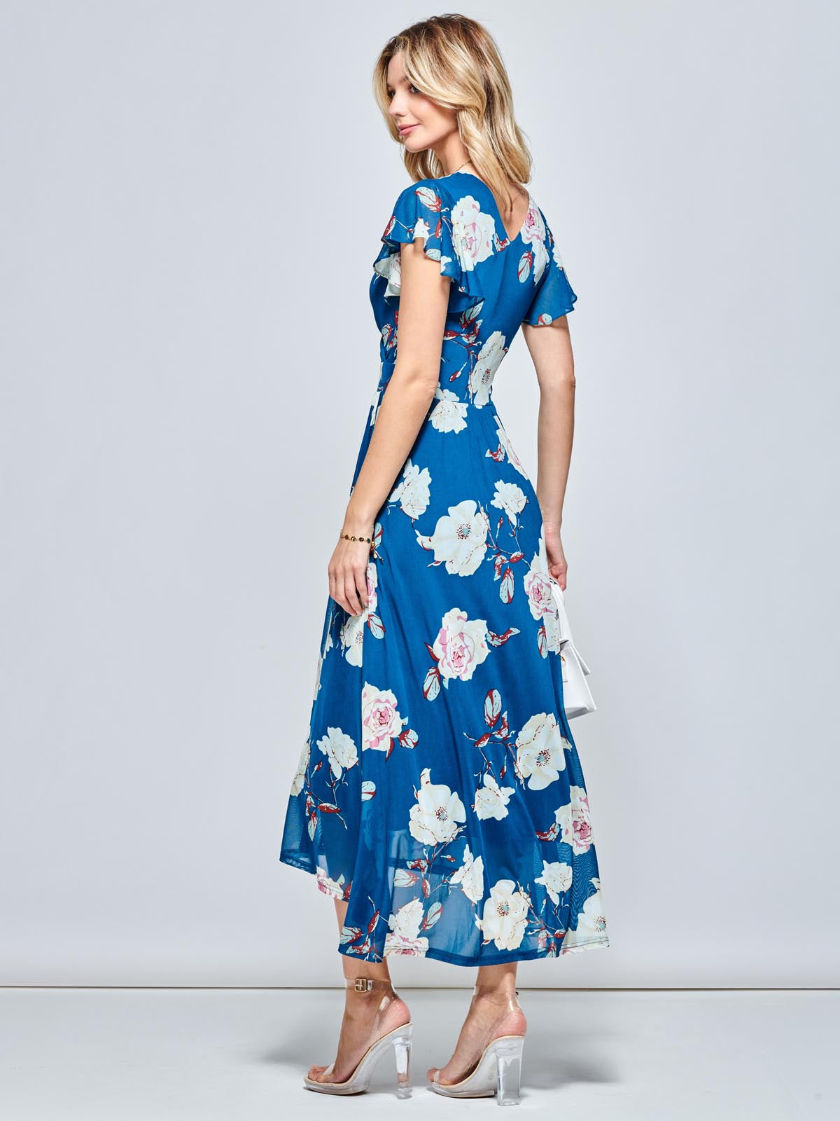 Dipped Hem Mesh Maxi Dress, Teal Floral