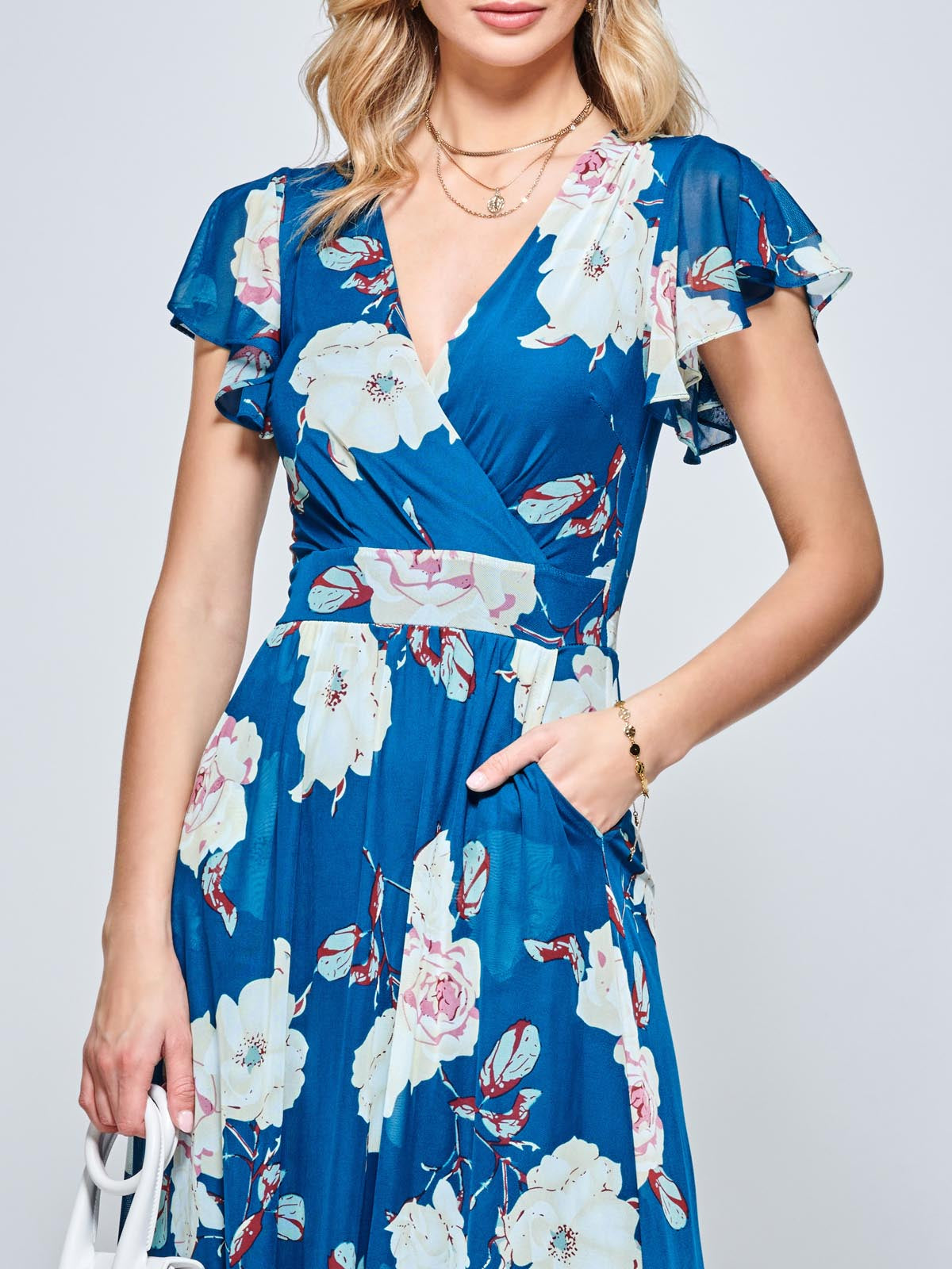 Dipped Hem Mesh Maxi Dress, Teal Floral