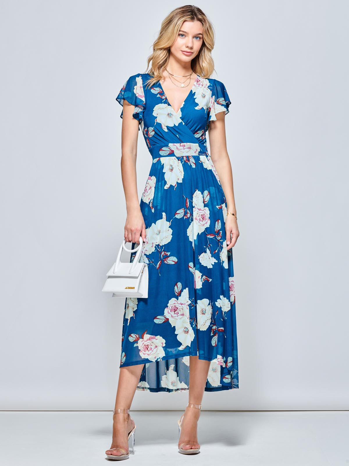 Dipped Hem Mesh Maxi Dress, Teal Floral