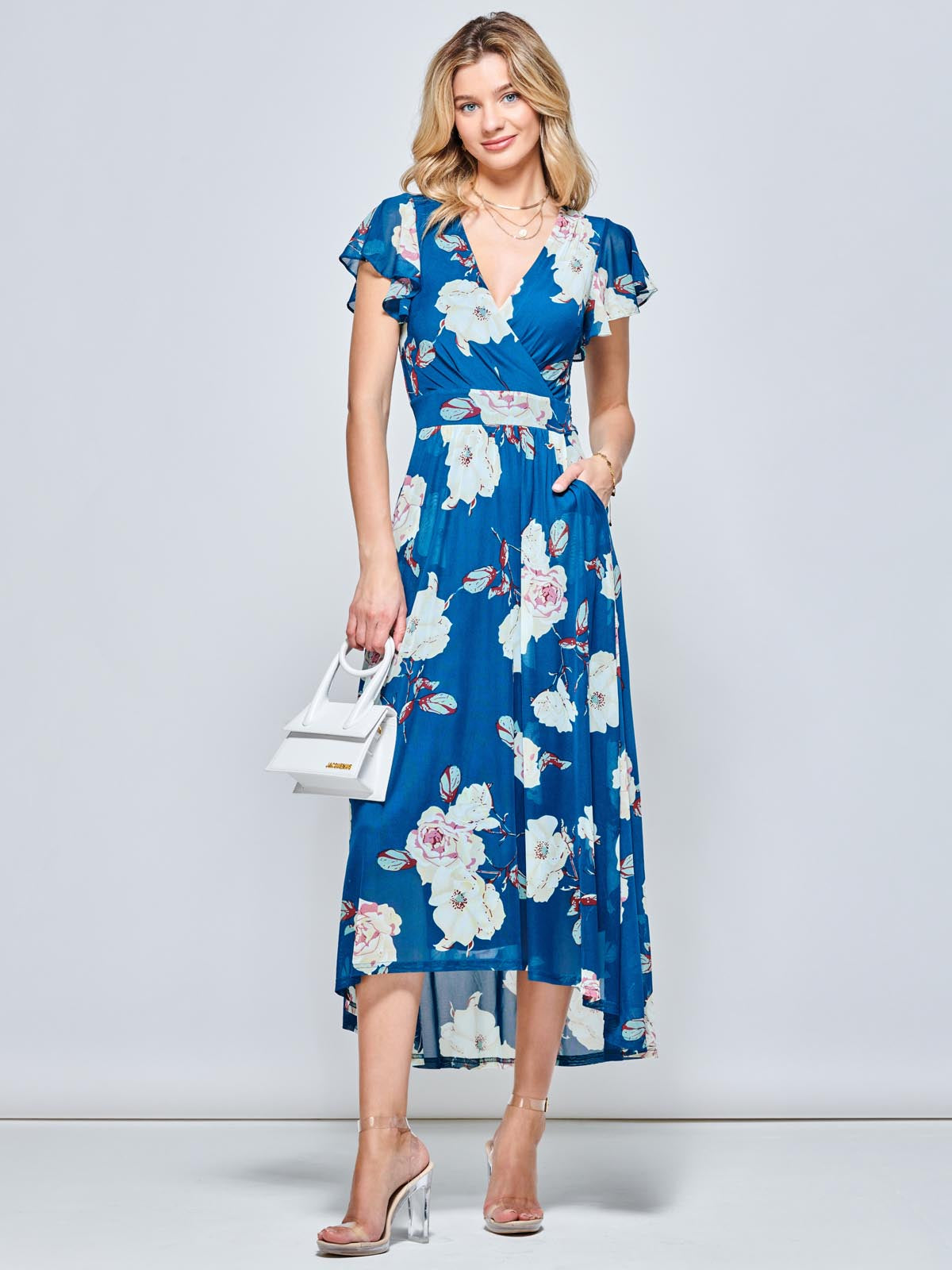 Dipped Hem Mesh Maxi Dress, Teal Floral