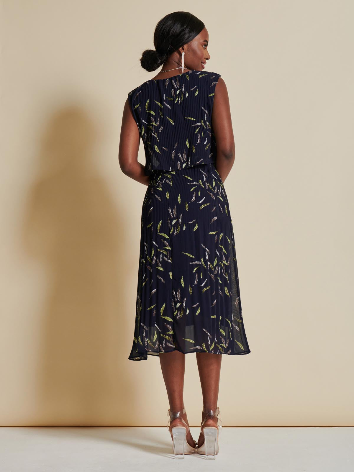 Chiffon Pleated Overlay Midi Dress, Navy Leafy