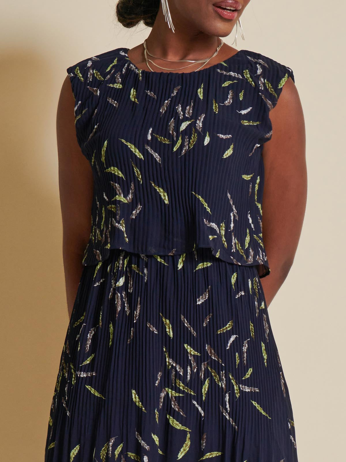 Chiffon Pleated Overlay Midi Dress, Navy Leafy