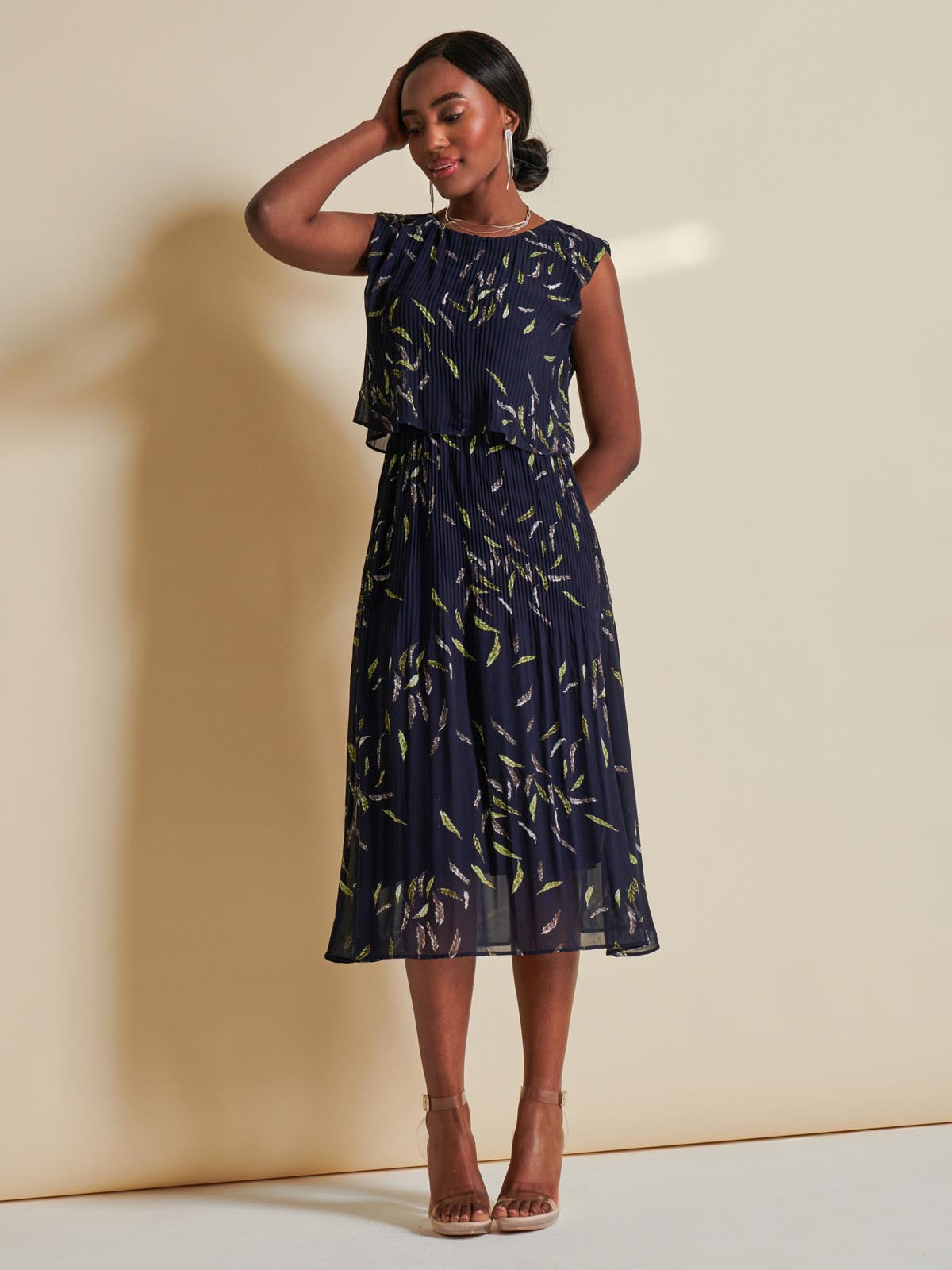 Chiffon Pleated Overlay Midi Dress, Navy Leafy