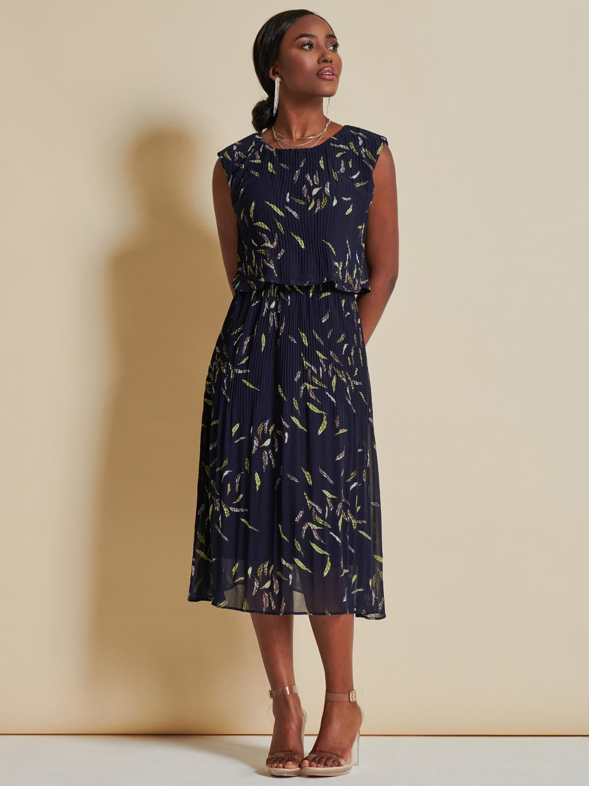 Chiffon Pleated Overlay Midi Dress, Navy Leafy