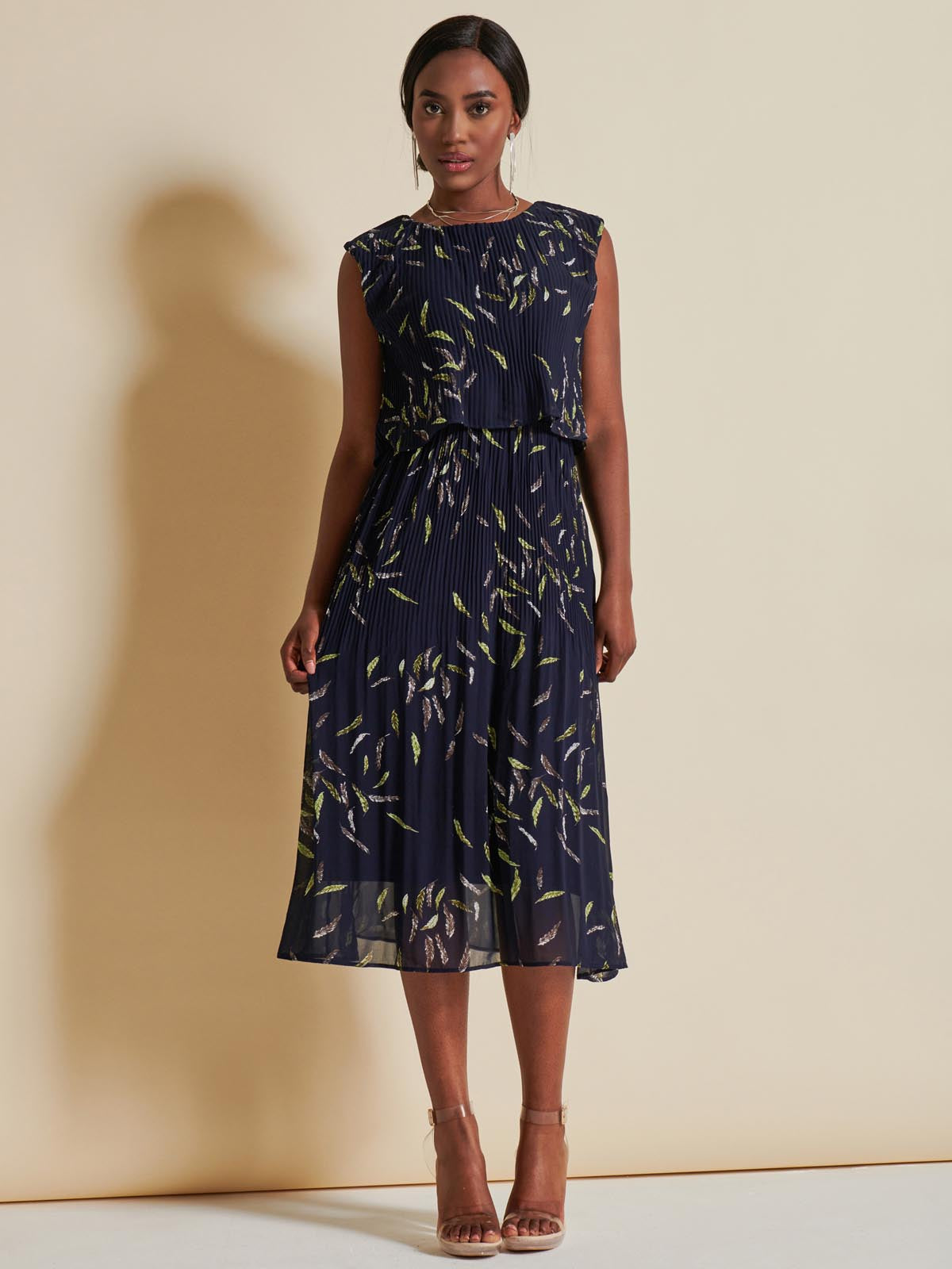 Chiffon Pleated Overlay Midi Dress, Navy Leafy