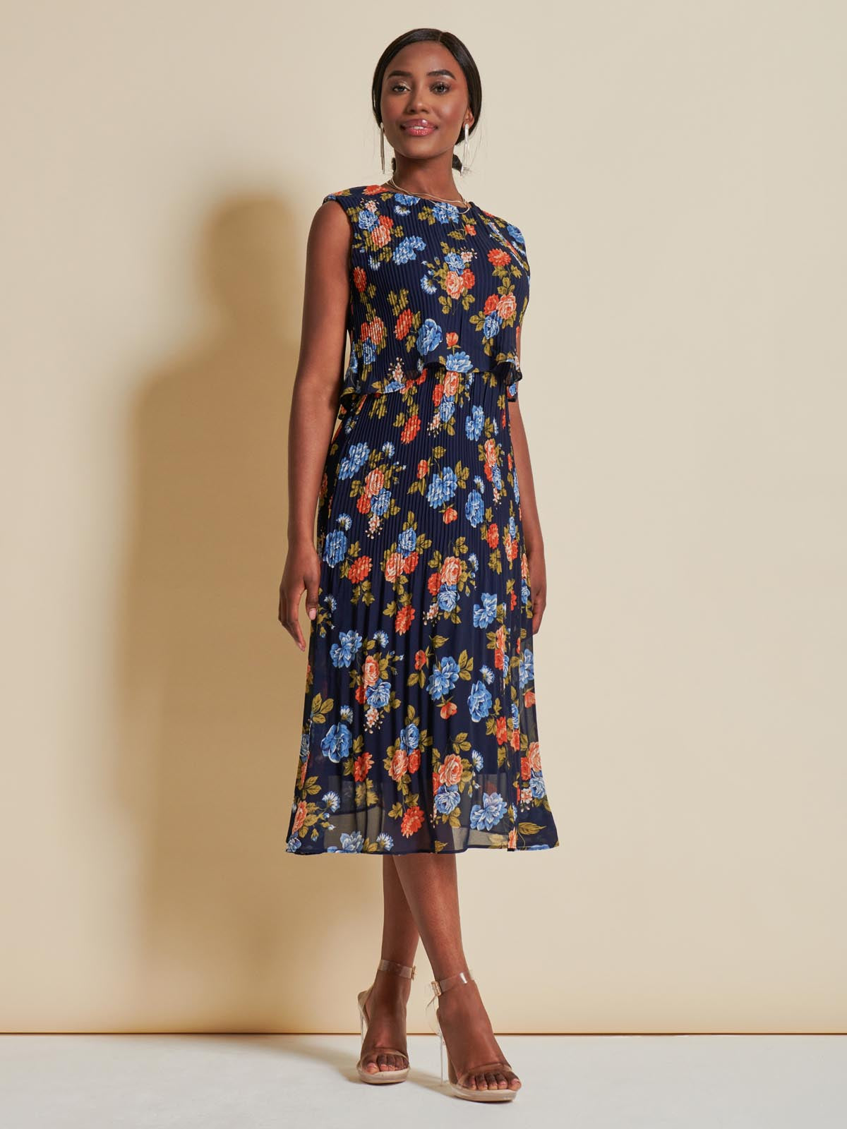 Chiffon Pleated Overlay Midi Dress, Navy Orange Floral