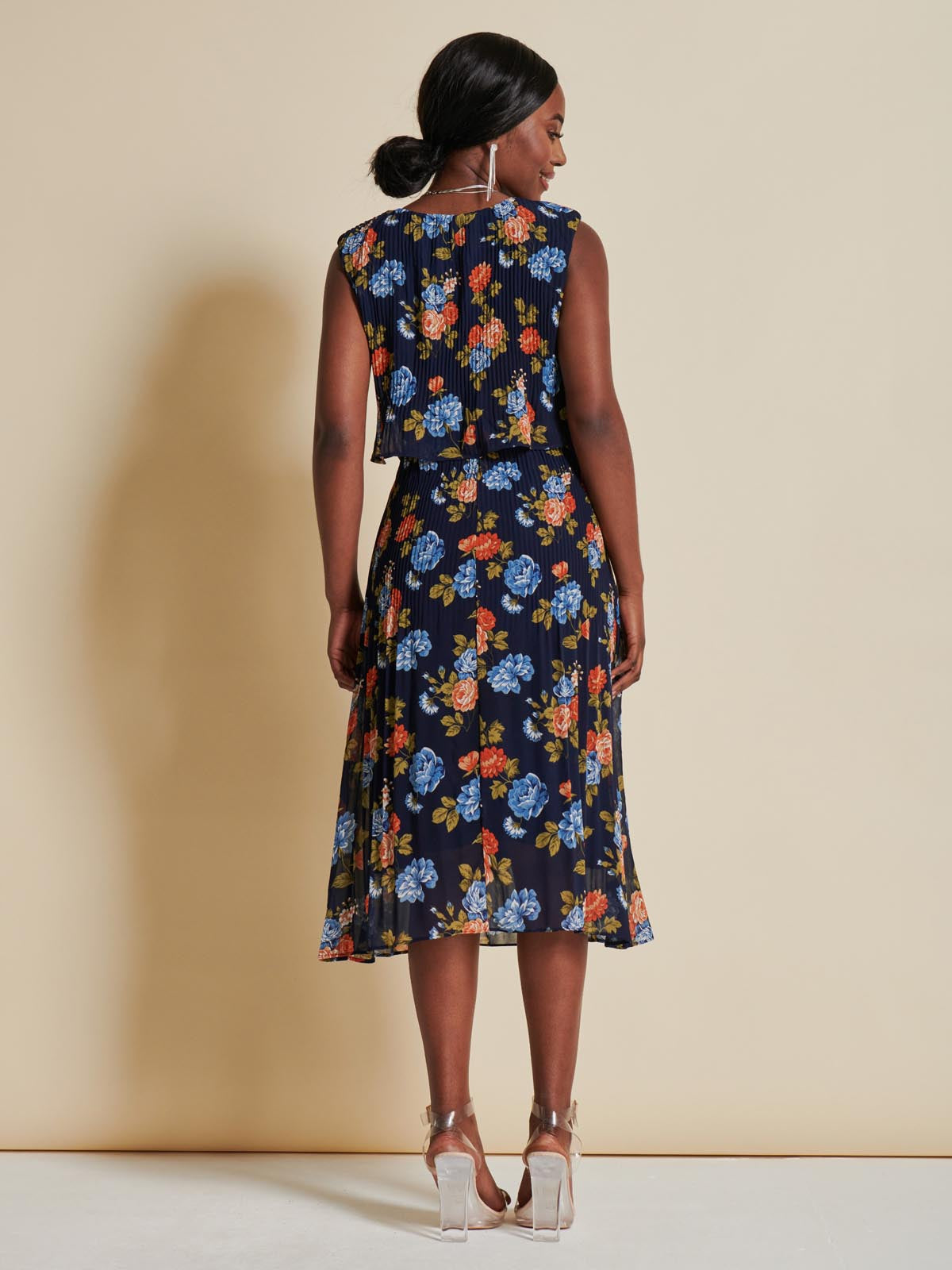 Chiffon Pleated Overlay Midi Dress, Navy Orange Floral