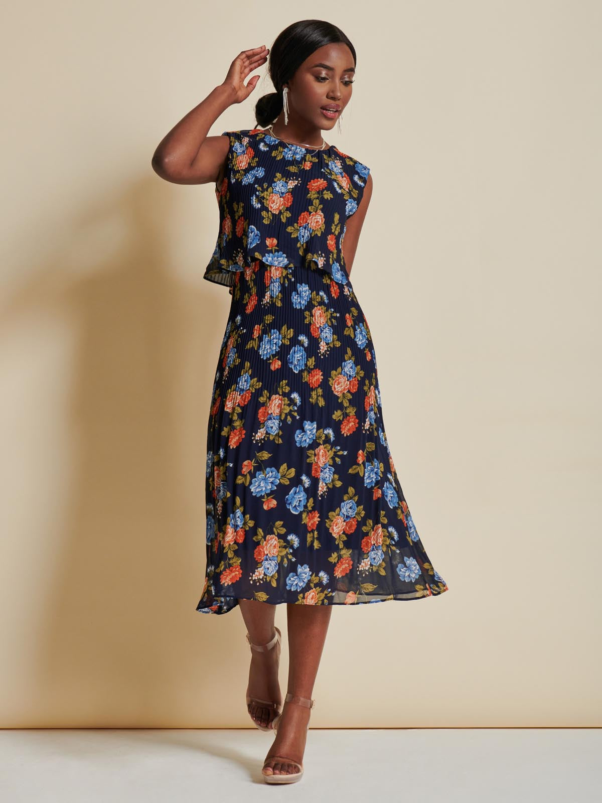 Chiffon Pleated Overlay Midi Dress, Navy Orange Floral