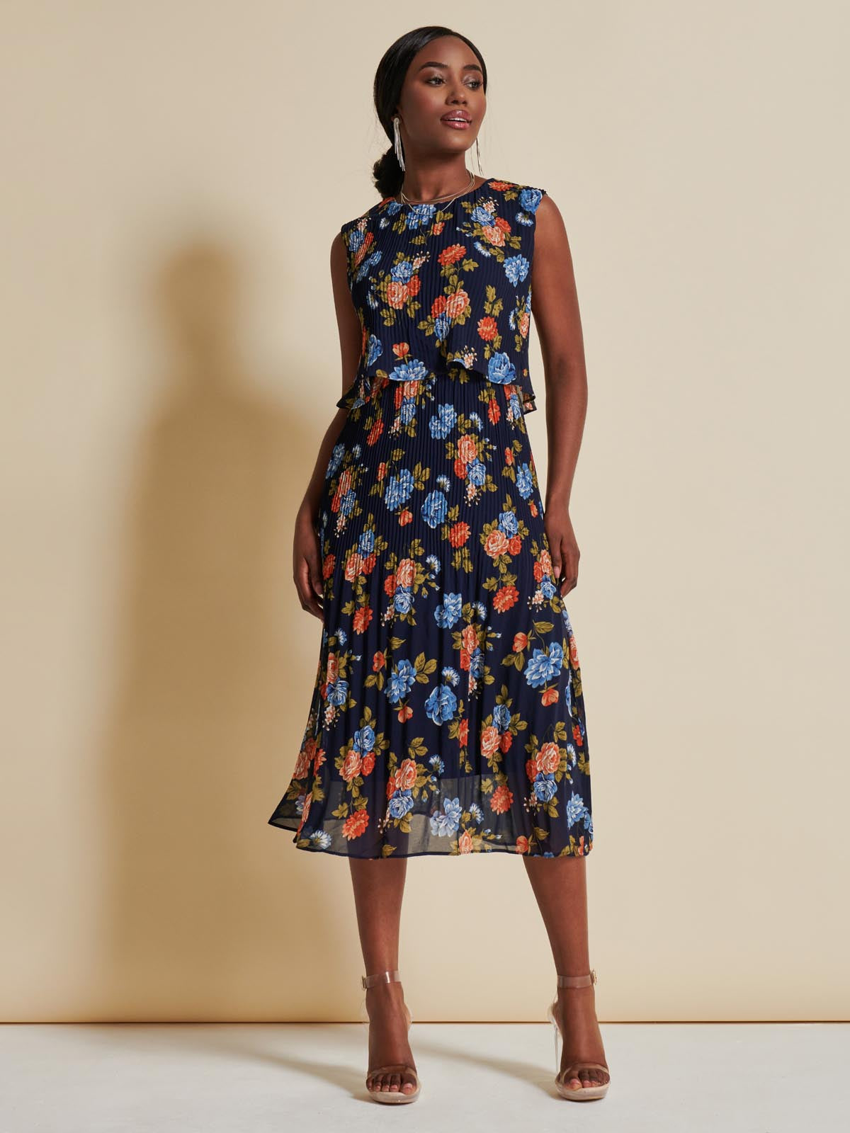 Chiffon Pleated Overlay Midi Dress, Navy Orange Floral